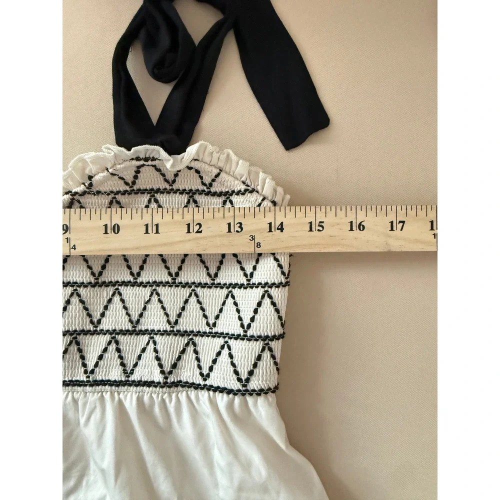 Trixxi Womens Cream Smocked Tiered Midi Dress Black Tie Straps Size M - Picture 5 of 7